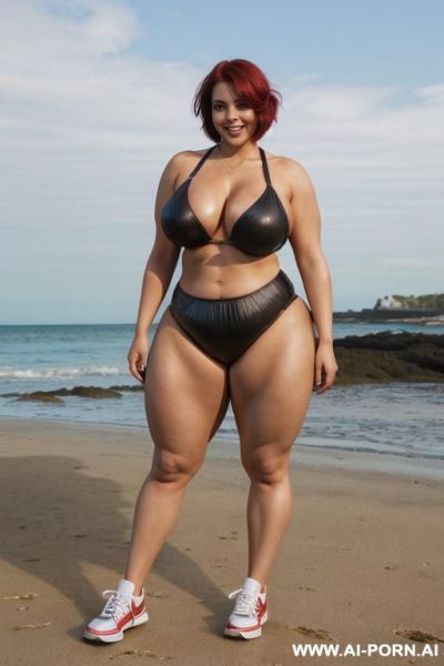 ((((a curvy plus size woman )))), standing she is looking over her shoulder at the camera, wearing a shiny glossy shorts that accentuate her (((full hips and buttocks))).(((((gigantic and muscular - ai-porn.ai on pornintellect.com