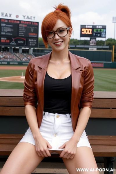 Humongous breasts, baseball jersey, microskirt, smile, baseball field, sitting on bench, flash pussy, flash tits - ai-porn.ai on pornintellect.com