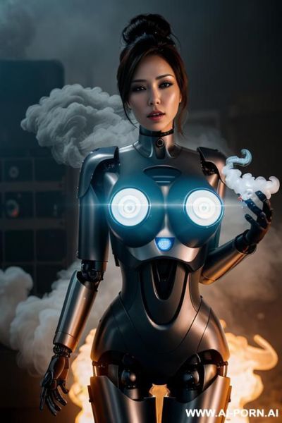 Heavily damaged robotic police officer, shapely fully robotic body, hole inside chest exposing inner robotic parts with smoke coming out - ai-porn.ai on pornintellect.com