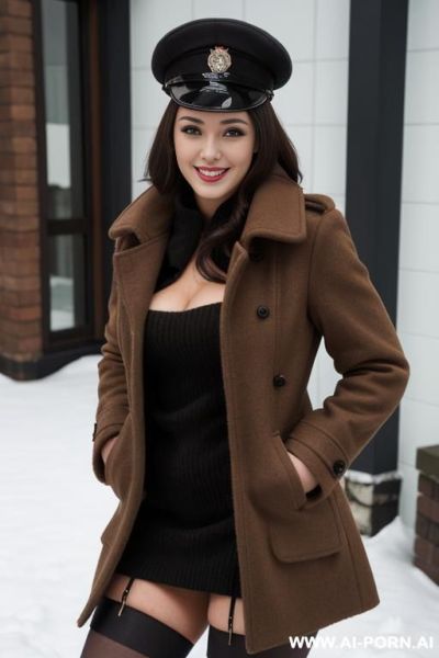 Gorgeous, wearing stockings, coat, cap, stance up, untrimmed pubes smiling, expose sexy body. - ai-porn.ai on pornintellect.com