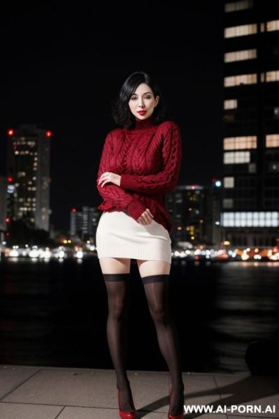 Pretty, japanese, caucasian, 30, short wavy hair, black hair, very white skin, natural boobs, makeup, eye shw, standing, spreading legs, black tights, dark red sweater dress, night time, city background. - ai-porn.ai - Japan on pornintellect.com