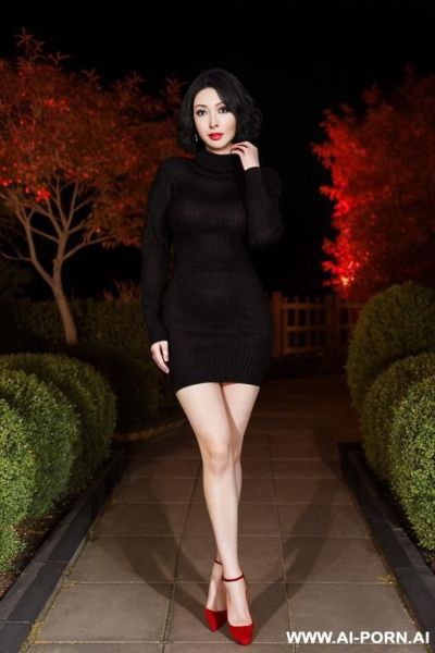 Pretty, japanese, caucasian, 30, short wavy hair, black hair, white skin, natural boobs, makeup, eye shw, standing, spreading legs, dark red sweater dress, night time, garden background. - ai-porn.ai - Japan on pornintellect.com