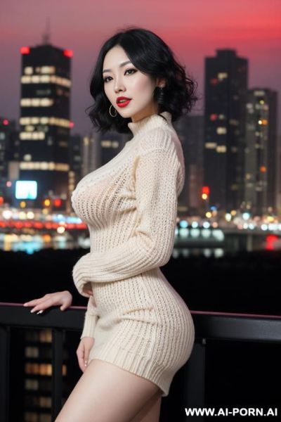 Pretty, japanese, caucasian, 30, short wavy hair, black hair, white skin, natural boobs, makeup, eye shw, standing, spreading legs, dark red sweater dress, night time, city background. - ai-porn.ai - Japan on pornintellect.com