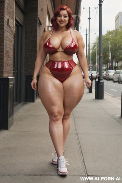 ((((a curvy plus size woman )))), standing she is looking over her shoulder at the camera, wearing a shiny glossy shorts that accentuate her (((full hips and buttocks))).(((((gigantic and muscular - ai-porn.ai on pornintellect.com