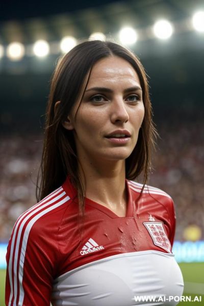 Soccer stadium, polska soccer team uniform, wet skin, crowd of people - ai-porn.ai on pornintellect.com