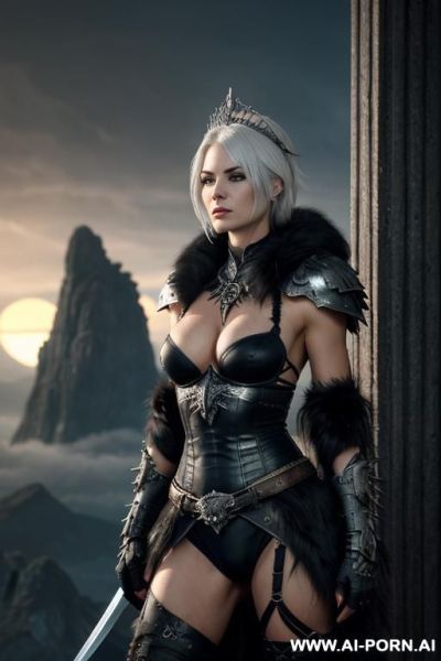 (front view), (eye contact), looking at viewer, dark fantasy swordswoman, dominant body pose, threaing looking woman, arrogant cruel face, ultra realistic, slender sinewy body, sharp breasts, (pallid - ai-porn.ai on pornintellect.com