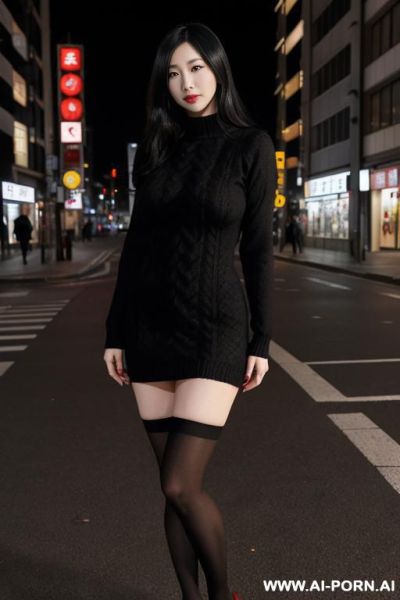 Pretty, japanese, caucasian, 30, flowing black hair, very white skin, natural boobs, slight smile, makeup, eye shw, standing, spreading legs, black tights, dark red sweater dress, night time, street background. - ai-porn.ai - Japan on pornintellect.com