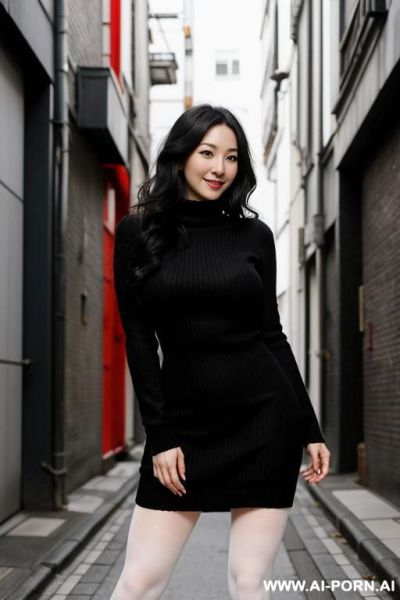 Pretty, japanese, caucasian, 30, flowing wavy hair, black hair, very white skin, natural boobs, slight smile, makeup, eye shw, standing, spreading legs, black tights, red sweater dress, night time, alleyway background. - ai-porn.ai - Japan on pornintellect.com
