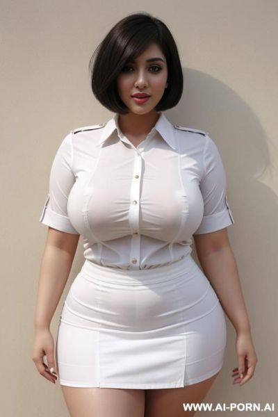 Middle eastern woman, white skin, curvy, large hips, uniform, shirt, short skirt, large thighs, bob cut hair, - ai-porn.ai on pornintellect.com