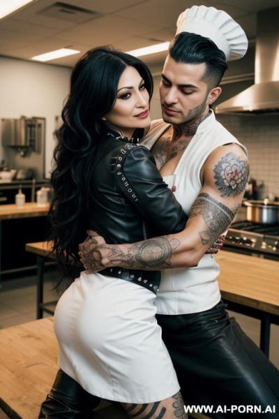 ((((tattooed persian milf hugging a muscular punk man)))) with (((((gigantic tits))))) and (((long hair))) , (((makeup))) , (((big ass))) (((tight spiked black leather jacket))) (((woman straddling a man))) (((man sitting down))) - ai-porn.ai - Iran on pornintellect.com