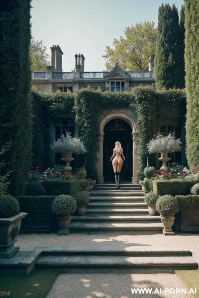 Nude pornstar blonde sexy body walk garden terrace steamunk mansion big windoes building ancient goth fantasy forest landscapee - ai-porn.ai on pornintellect.com