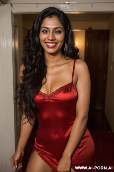 (((indian))), ((red satin nightgown)), (texas modern ranch house), (christmas), (big full lips), ((smiling at the camera)), photorealistic, tanned indian, (ultra detailed photo), (hyper realistic photo), - ai-porn.ai - India on pornintellect.com