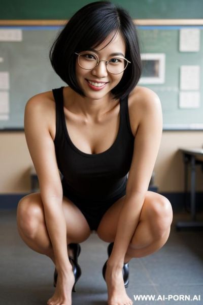Asian, housewife, glasses, pubic hair, , smiling, spreading pussy - ai-porn.ai on pornintellect.com