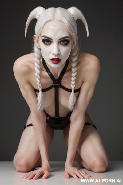((superskinny ))dinky woman, slight body, elfin model, (((white pallid skin)), ((ghastly white shiny skin )) ((no body fat)), ((beautiful face)), ahegao pretty face horny , ((bdsm harness)) ((full body view)), standing bottomess, straight hair - ai-porn.ai on pornintellect.com