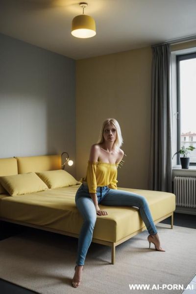 Empty yellow concrete rooms bright lights ceiling lamps big rooms - ai-porn.ai on pornintellect.com