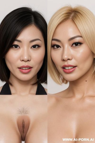 Two different women making out sloppily. asian, hairy pussy, short blonde hair. two different women that look different from each other. one is asian the other is ginger white. - ai-porn.ai on pornintellect.com