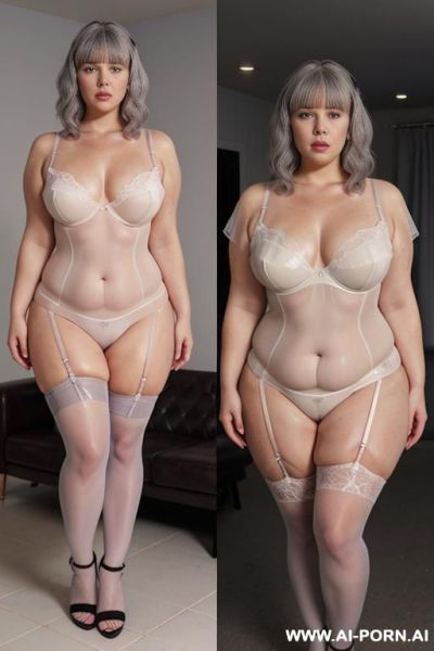 Old bbw in her late 0s, wearing a shirt, nylon see through fabric panties. old sexy bbw granny. big bubble butt thick thighs in fullback white nylon panties. - ai-porn.ai on pornintellect.com