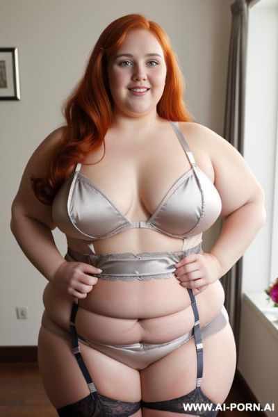 Half body photo shot close up. a ((british obese fat bbw redhead)), ((thick with love handless)). ((wearing a gray bright sexy and hot garter belt bride lingerie of flowers, and a silk micro-skirt)). she is smiling - ai-porn.ai - Britain on pornintellect.com