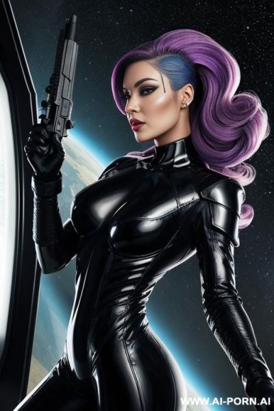 (front view), (looking at the viewer), (detailed face), (detailed skin), (detailed hands), sci-fi extraterrestrial ufo solder, holds laser rifle in her hand, inside the spaceship - ai-porn.ai on pornintellect.com