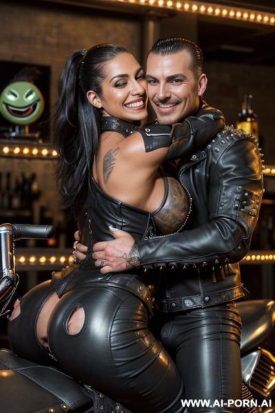 ((((latina biker milf hugging a muscular punk man)))) with ((((((gigantic tits)))))) and ((long hair)), (((makeup))) , (((woman wearing a tight spiked black leather jacket))) (((tight black leather - ai-porn.ai on pornintellect.com