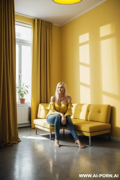 Empty yellow concrete rooms bright lights ceiling lamps big rooms - ai-porn.ai on pornintellect.com