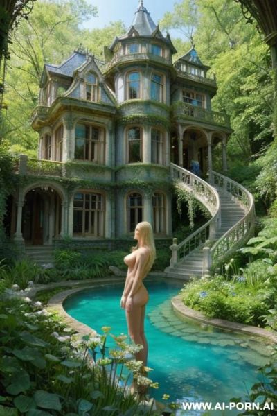 Nude naked sexy blonde in fantasy overgrown intricate steampunk glass mansion beautiful garden forest azure lake summer clear blue sky - ai-porn.ai on pornintellect.com