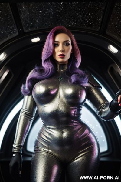 (front view), hourglass figure, wide hips, curvy thighs, (looking at the viewer), (detailed face), (detailed skin), (detailed hands), sci-fi extraterrestrial ufo solder, holds laser rifle in her hand, inside the spaceship - ai-porn.ai on pornintellect.com