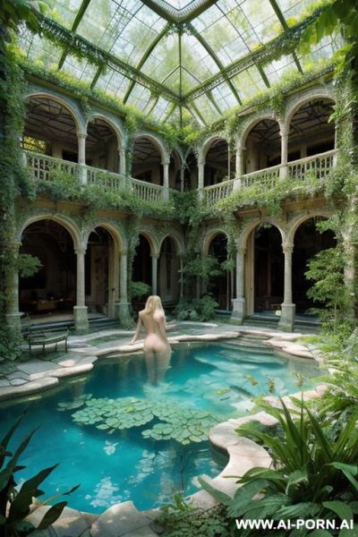 Three nude naked females lesbo in pool nude naked sexy blonde in fantasy overgrown intricate steampunk glass mansion beautiful garden forest azure lake summer clear blue sky glass walls big azure glass fantasy mansion floral wilderness staircase bridges - ai-porn.ai on pornintellect.com