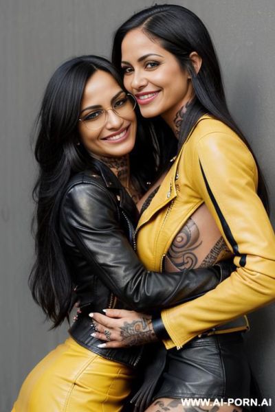 ((((tattooed latina milf hugging a muscular punk man)))) with huge tits and ((((long hair)))) (((makeup))) , (((tight black leather skirt))) (((tight yellow leather jacket))) (((big ass))) (((woman straddling a man))) - ai-porn.ai on pornintellect.com