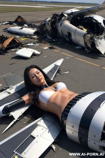Heavily famaged robotic flight atdant lying in crashed plane debris - ai-porn.ai on pornintellect.com