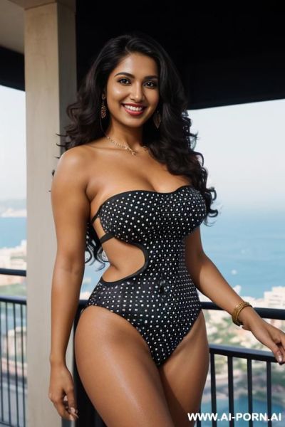 (((indian))), ((black polka dot strapless sleeveless spandex bodysuit swimsuit )), (monaco modern mansion), (christmas), (big full lips), ((smiling at the camera)), photorealistic, tanned indian, (ultra - ai-porn.ai - India on pornintellect.com
