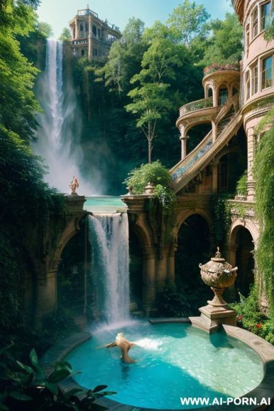 Nude naked sexy blonde in fantasy overgrown intricate steampunk glass mansion beautiful garden forest azure lake summer clear blue sky big waterfalls pools mansion on arches steep waterfalls garden balcony red fpink loral - ai-porn.ai on pornintellect.com