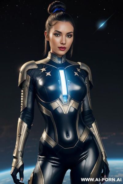 Sci-fi soldier (front view) hourglass figure, wide hips, muscular thighs, (looking at the viewer), (detailed face), bright glowing eyes, beautiful sexy face, alluring smile (detailed skin), (detailed - ai-porn.ai on pornintellect.com