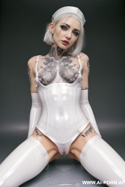 ((superskinny ))dinky woman, slight body, elfin model, (((white pallid skin)), ((ghastly white shiny skin )) ((no body fat)), ((beautiful face)), ahegao pretty face horny ((full body view)), bottomess, ((pvc nurse suit)) - ai-porn.ai on pornintellect.com