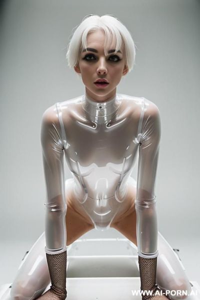 ((superskinny ))dinky woman, slight body, elfin model, (((white pallid skin)), ((ghastly white shiny skin )) ((no body fat)), ((beautiful face)), ahegao pretty face horny ((full body view)), bottomess, ((pvc transparent bodysuit)) - ai-porn.ai on pornintellect.com