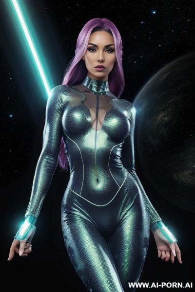(front view), (looking at the viewer), (detailed face), (detailed body), (detailed arms), (detailed skin), extraterrestrial ufo woman, strong fit body, wear transparent camouflage bodysuit, holds a - ai-porn.ai on pornintellect.com