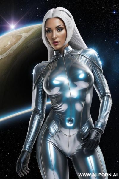 (front view), (looking at the viewer), (detailed face), (detailed body), (detailed arms), (detailed skin), extraterrestrial ufo woman, silver skin, strong fit body, wear transparent camouflage bodysuit, - ai-porn.ai on pornintellect.com