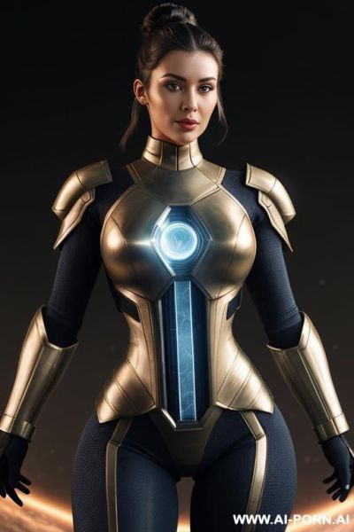 Sci-fi soldier (front view) strong body (hourglass figure) wide hips, muscular thighs, thighs gap (looking at the viewer) (detailed model face) beautiful sexy face, alluring smile, detailed skin, - ai-porn.ai on pornintellect.com