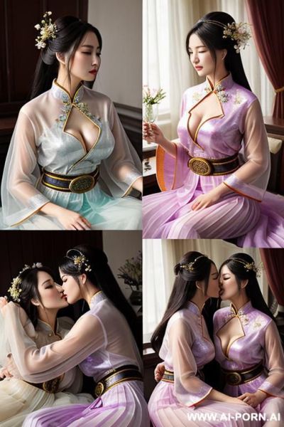 Tea party, full clothes, pleated dress, chinese clothes, traditional clothes, chinese wedding, old china outfit , lights color coat , 2 womens, lying on bed, women on top, hugging each other, kissing, lying on another lab, multiple views - ai-porn.ai - China on pornintellect.com