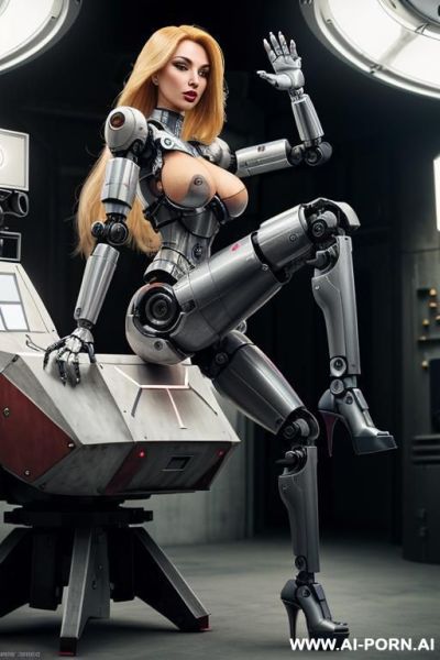 Sexbot, front view, full body view, sitting in spaceship armchair, spreading legs wide, arms on armrests, looking at viewer, beautiful seductive human face with tanned silicone skin, long straight - ai-porn.ai on pornintellect.com