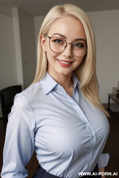 Bleach blonde, clear framed glasses, round face, very , nose, tight waist, curvy hips, blue collared shirt - ai-porn.ai on pornintellect.com