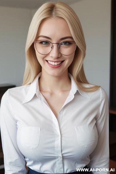 Bleach blonde, clear frame glasses, white, skin, round face, nose, tight waist, curvy hips, blue collared shirt - ai-porn.ai on pornintellect.com