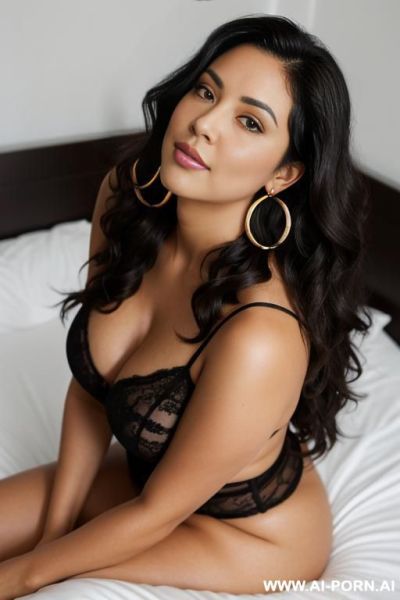 Curvy body, black hair, brown eyes, naked, long wavy hair, sitting on bed, looking up at viewer, close up view from above, woman facing viewer, hoop earrings, glassee - ai-porn.ai on pornintellect.com