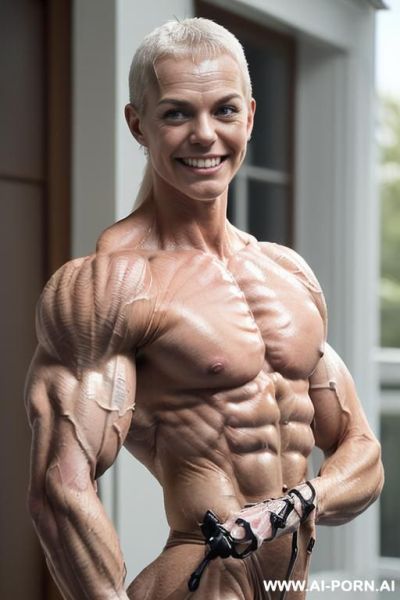 ((nude smiling very muscular short fbb finnish woman with rockhard pecs)), (((nude))), ((naked)), (((very white finnish skin with muscle veins))), ((freaky extreme sculpted abs)), ((nude very muscular - ai-porn.ai - Finland on pornintellect.com