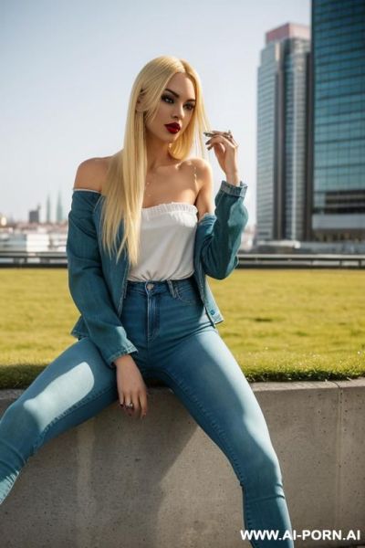 Sexy pornstar tall long legs blonde long fluffy dense straight hairs big blue eyes goth style makeup big lips red lipstick dark eyeline slutty posein tight clothes pink jacket in tight jeans - ai-porn.ai on pornintellect.com