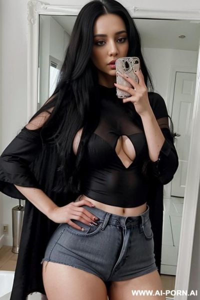 Woman narrow hips long hair black blouse jeans selfie photo in the mirror - ai-porn.ai on pornintellect.com