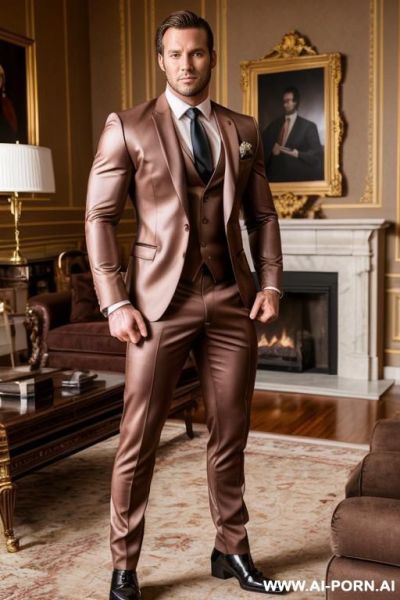 Hot reality tv star man, medium length brown hair, muscular build, gigantic rock hard penis, realistic penis, in mansion living room, - ai-porn.ai on pornintellect.com