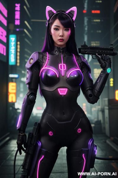 Beautiful realistic woman ((woman fully robotic mechanic body)), (((holding electric and luminous neon violet assault rifle))), ultra detailed, finely detail, highly detailed face, highly detailed eyes, - ai-porn.ai on pornintellect.com