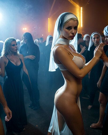 Busty blonde nun fucks hung men and eats cum in an AI generated compilation - pornpics.com on pornintellect.com