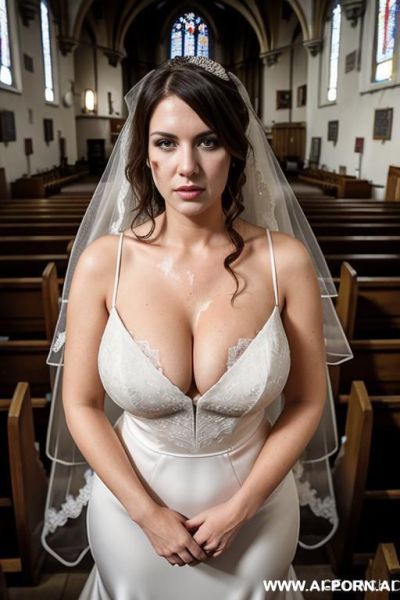 Church, wedding dress, showing boobs, face stained with milk, surrounded by old suited people - ai-porn.ai on pornintellect.com